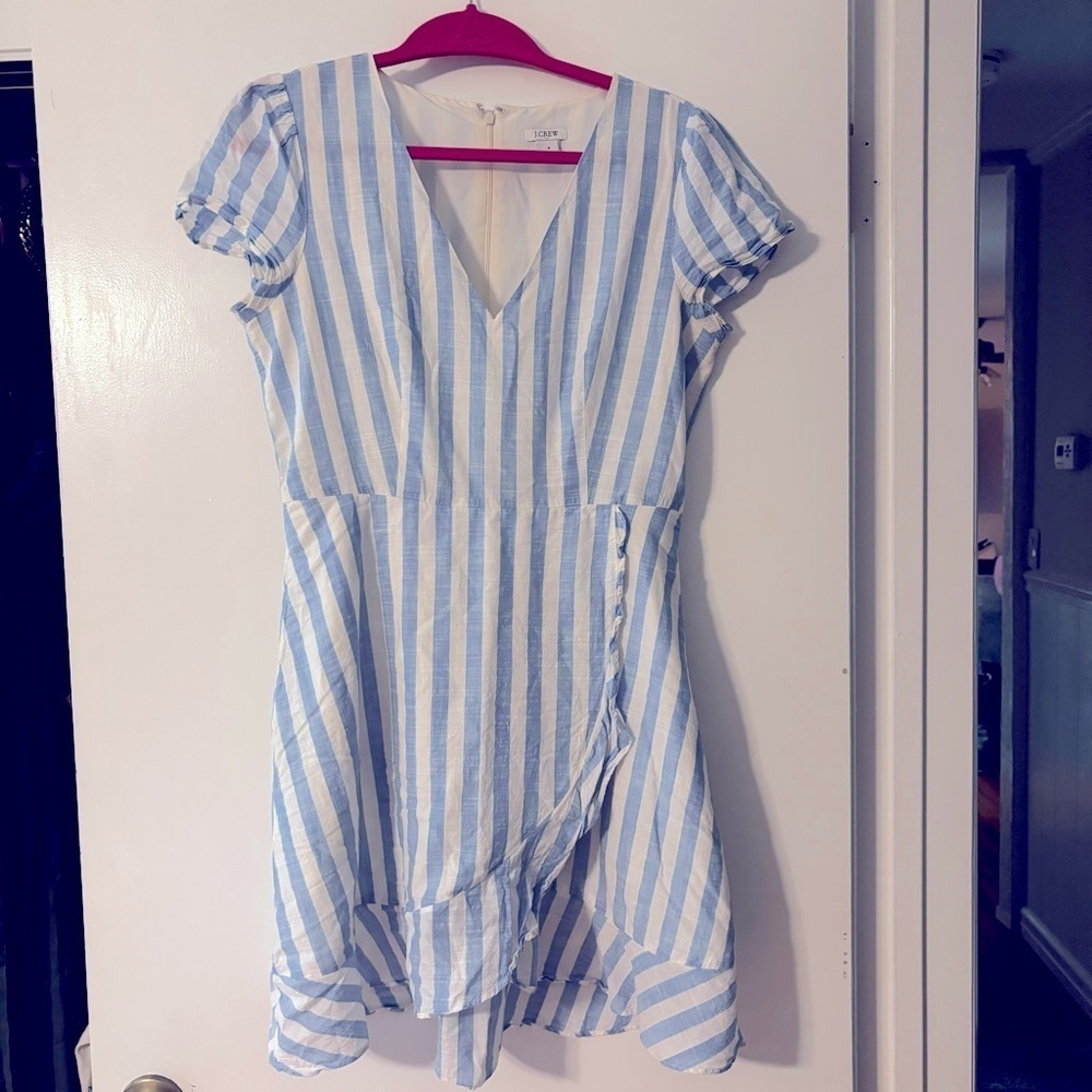 J. Crew Blue White Striped Ruffle Wrap Dress Size 6 Short Sleeve V Neck - Picture 3 of 10